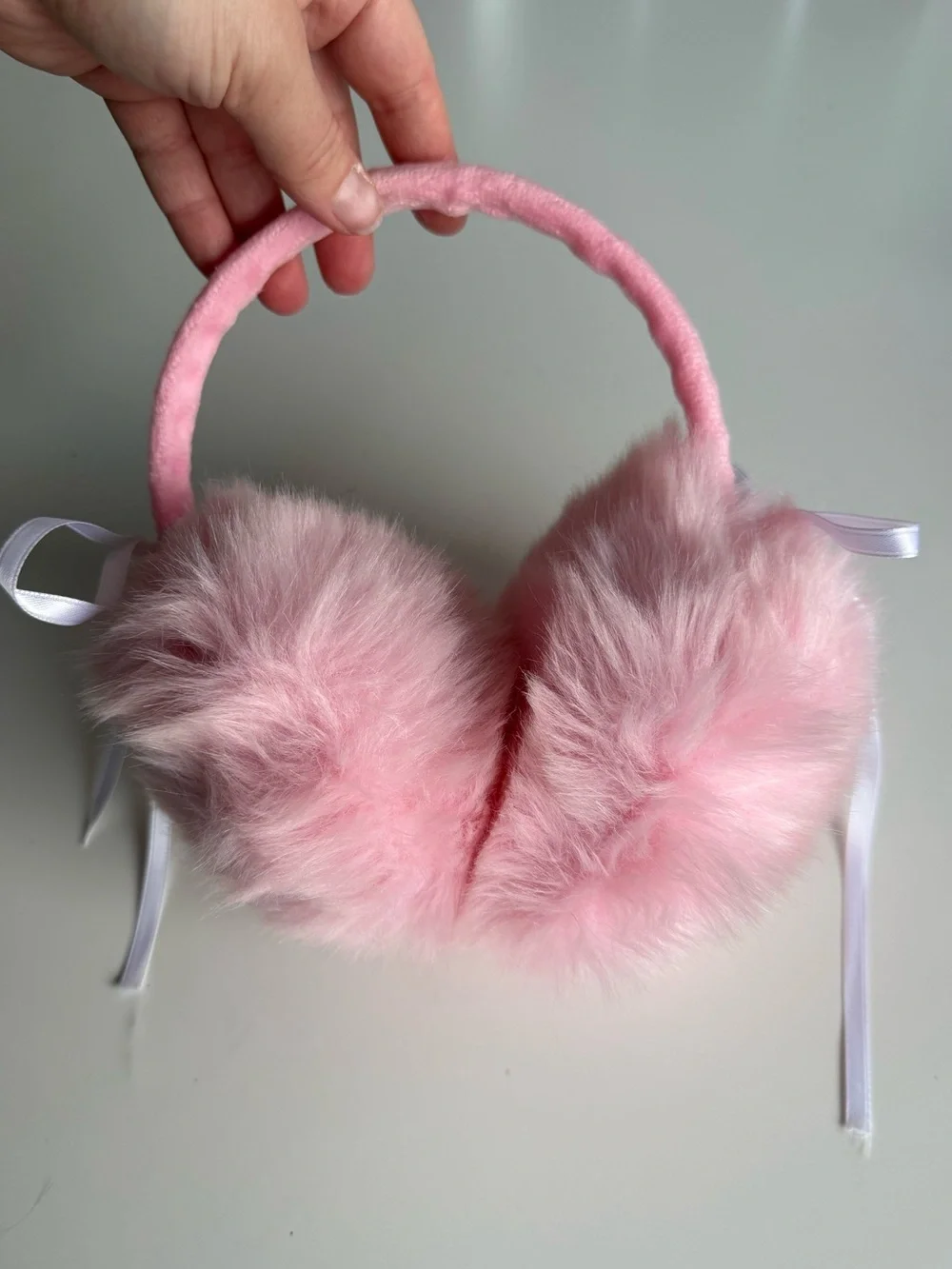 Pink Faux Fur Earmuffs with Removable White Ribbon Bows 🎀